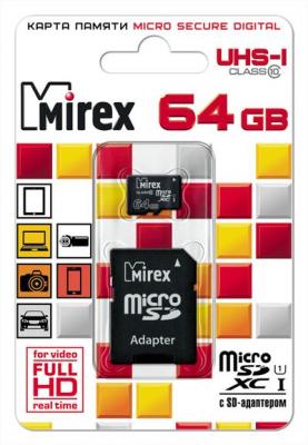 Флеш карта microSD 64GB Mirex microSDXC Class 10 UHS-I (SD адаптер) 13613-AD10SD64
