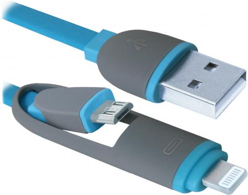 Кабель microUSB Lightning 1м Defender USB10-03BP плоский синий 87487