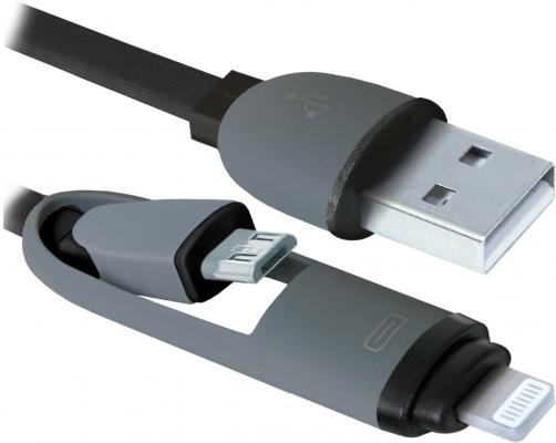 Кабель microUSB Lightning 1м Defender USB10-03BP плоский черный 87488
