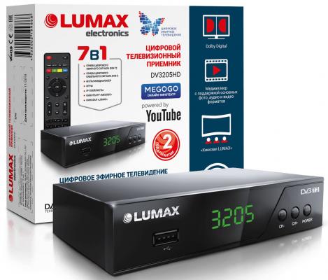 Приставка DVB-T2 LUMAX/ GX3235S, металл Stealth, дисплей, Dolby Digital, Wi-Fi, IPTV-плейлисты, YouTube, Кинозал LUMAX (более 500 фильмов), MEGOGO, 3 RCA, USB, встроенный блок питания