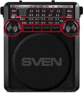 АС SVEN SRP-355, красный (3 Вт, FM/AM/SW, USB, SD/microSD, фонарь, встроенный аккумулятор)