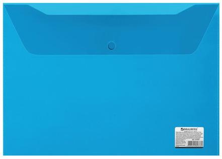 Папка-конверт с кнопкой BRAUBERG, А4, 150 мкм, до 100 листов, прозрачная, синяя, 221637 папка конверт с кнопкой brauberg fresh zone а4 160 мкм до 100 листов цветная печать 228034