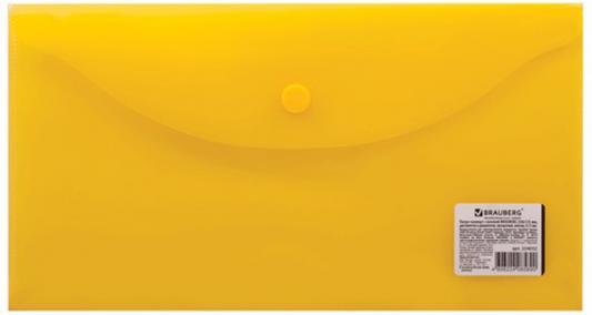 Папка-конверт с кнопкой BRAUBERG, 250х135 мм, 150 мкм, прозрачная, желтая, 224032