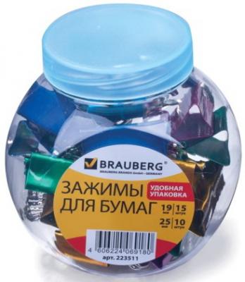 Зажимы для бумаг BRAUBERG, комплект 19 мм/15 шт., 25 мм/10 шт., цвет металлик, в пластиковой банке, 223511