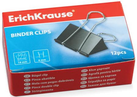 Зажимы для бумаг ERICH KRAUSE, комплект 12 шт., 19 мм, на 70 листов, черные, в картонной коробке, 25086