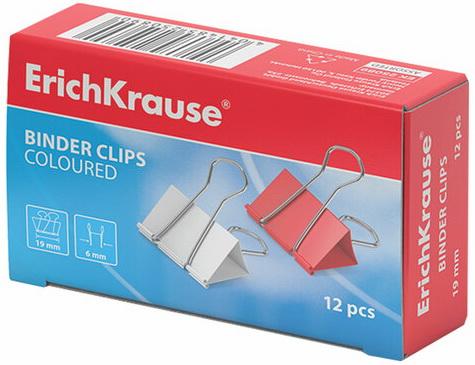 Зажимы для бумаг ERICH KRAUSE, комплект 12 шт., 19 мм, на 70 листов, цветные, в картонной коробке, 25089
