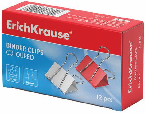 Зажимы для бумаг ERICH KRAUSE, комплект 12 шт., 25 мм, на 110 листов, цветные, в картонной коробке, 25090