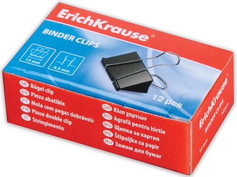 Зажимы для бумаг ERICH KRAUSE, комплект 12 шт., 15 мм, на 55 л., черные, в картонной коробке, 25085