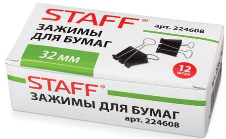 Зажимы для бумаг STAFF, комплект 12 шт., 32 мм, на 140 листов, черные, в картонной коробке, 224608