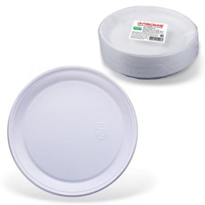Одноразовые тарелки ЛАЙМА Бюджет, комплект 100 шт., пластиковые, плоские, d=220 мм, белые, ПС, 600943