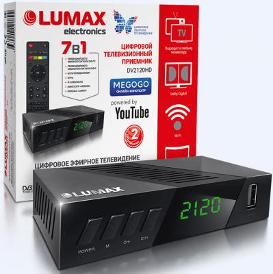 Приставка DVB-T2 LUMAX/ GX3235S, Пластик, дисплей, Dolby Digital, IPTV-плейлисты, YouTube, Кинозал LUMAX (более 500 фильмов), MEGOGO, 3 RCA, USB, HDMI