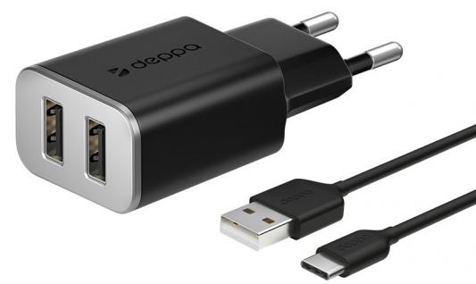 Сетевое зарядное устройство Deppa 2 USB 2.4А + кабель USB Type-C, черный