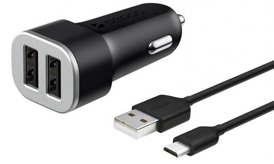 Автомобильное зарядное устройство Deppa 2 USB 2.4А + кабель micro USB, черный автомобильное зарядное устройство deppa 2 usb 2 1а дата кабель micro usb черный 11206