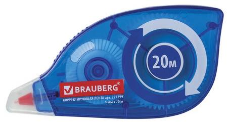 Корректирующая лента BRAUBERG 5 мм х 20 м, корпус синий, механизм перемотки, блистер, 227799