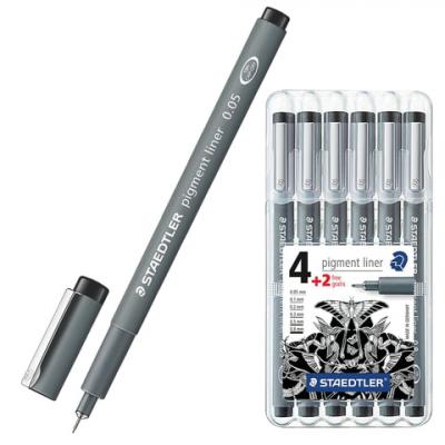 Ручки художественные капиллярные STAEDTLER "Pigment Liner", набор 6 шт., 0,05/0,1/0,2/0,3/0,5/0,8 мм, черные, 308 SB6P
