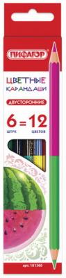 Карандаши двухцветные ПИФАГОР "СОЧНЫЕ ФРУКТЫ", 6 штук, 12 цветов, заточенные, европодвес, 181360