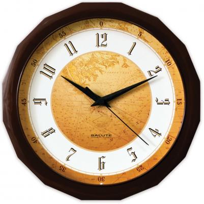 Часы настенные САЛЮТ П-Г1.2-128, многоугольник, с рисунком "Карта", коричневая рамка, 28х28х4 см