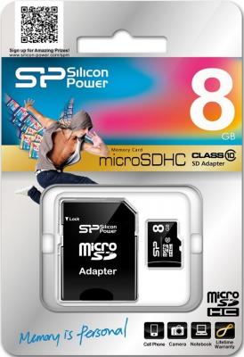 Карта памяти MicroSDHC 8GB Silicon Power Class10 + 1 Adapter