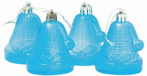 Украшения елочные подвесные "Колокольчики", НАБОР 4 шт., 6,5 см, пластик, полупрозрачные, голубые, 59598