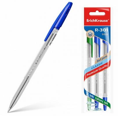 Ручка шариковая ErichKrause® R-301 Classic Stick 1.0, цвет чернил: синий, синий, зеленый (в пакете по 3 шт.)
