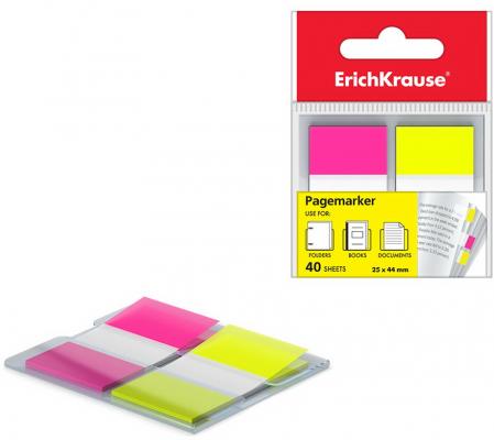 Закладки пластиковые c клеевым краем ErichKrause® Neon, 25х44 мм, 40 листов, 2 цвета: желтый, розовый