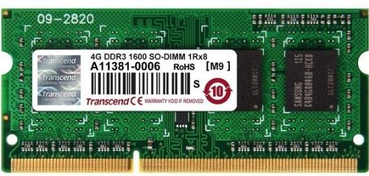 Оперативная память для ноутбука 4Gb (1x4Gb) PC-12800 1600MHz DDR3 SO-DIMM CL11 Transcend TS512MSK64V6H