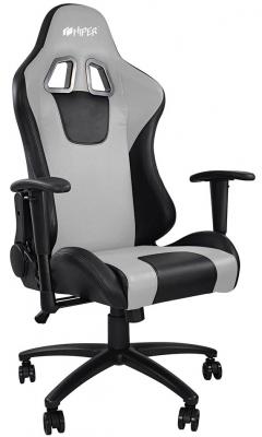 Игровое кресло HIPER HGS-104 чёрно-серое (кожа-PU, 2D подлокотник, газлифт класс 3, регулируемый угол наклона, механизм качания)