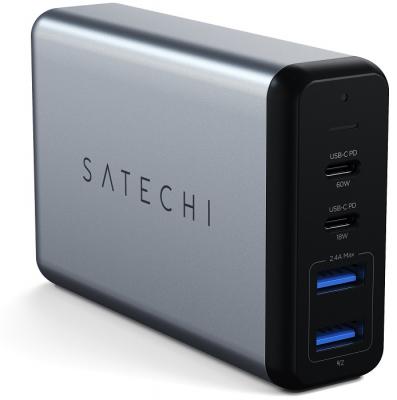 Сетевое зарядное устройство Satechi Dual 75W Type-C Travel Charger with USB-C PD Fast. Входное напряжение 100-240В. Разъемы USB-C PD 60W - 1 шт., USB-C PD 18W - 1 шт., USB 5В/2,4А - 2 шт. Цвет серебряный.