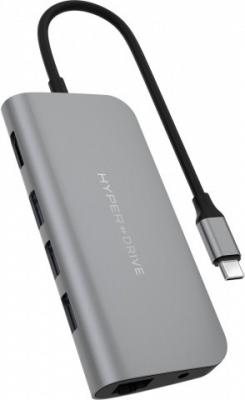 Разветвитель USB Type-C HyperDrive HD30F-GREY 3 х USB 3.1 HDMI USB Type-C 3.5мм miniJack RJ-45 SD microSD серый