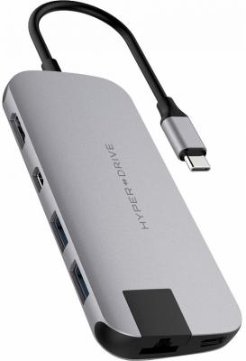 USB-хаб Hyper HyperDrive SLIM 8-in-1 Hub для Macbook и других устройств с портом Type-C. Порты: 4K/30Hz HDMI, USB-C Power Delivery, 2 x USB-A, Micro SD, SD, Gigabit Ethernet, Mini DisplayPort. Цвет серебряный.