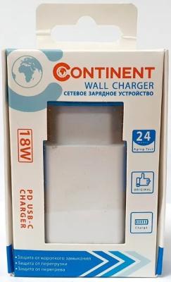 Зарядное устройство Continent PN18-101WT/L USB-C 3 А белый