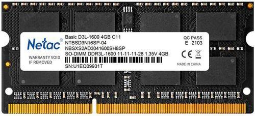 Оперативная память для ноутбука 4Gb (1x4Gb) PC3-12800 1600MHz DDR3L SO-DIMM CL11 Netac NTBSD3N16SP-04