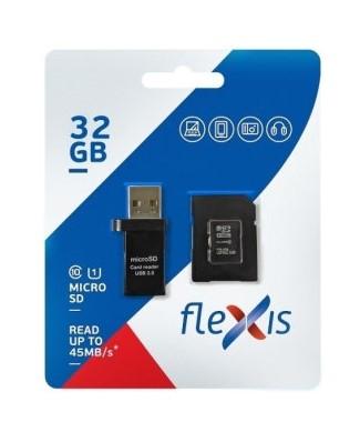 Карта памяти microSDHC 32GB Cl10 U1, c адаптером и USB картридером, Flexis