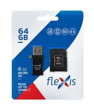Карта памяти microSDXC 64GB Cl10 U1, c адаптером и USB картридером, Flexis