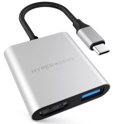USB-хаб Hyper HyperDrive 4K HDMI 3-in-1 Hub для Macbook и других устройств с портом Type-C. Порты: 4K/30Hz HDMI, USB-C Power Delivery, USB-A. Цвет серебряный.