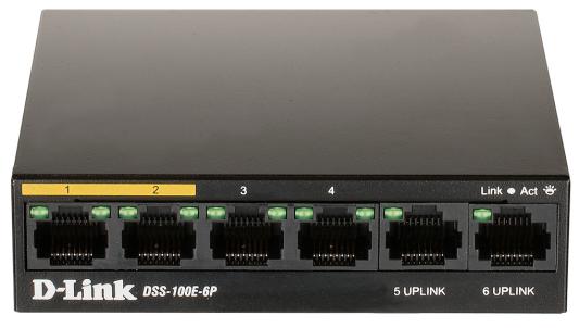 DSS-100E-6P/A1A Неуправляемый коммутатор с 6 портами 10/100Base-TX (4 порта PoE 802.3af/at, PoE-бюджет 55 Вт, дальность до 250 м) {10}  (461910)