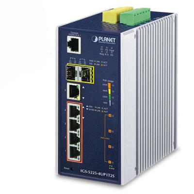 PLANET IP30 Industrial L2+/L4 4-Port 60W 1000T Ultra PoE+ 1-Port 1000T + 2-port 100/1000X SFP Full Managed Switch (-40 to 75 C, dual redundant power input on 48~56VDC terminal block, DIDO, ERPS Ring Supported, 1588)
