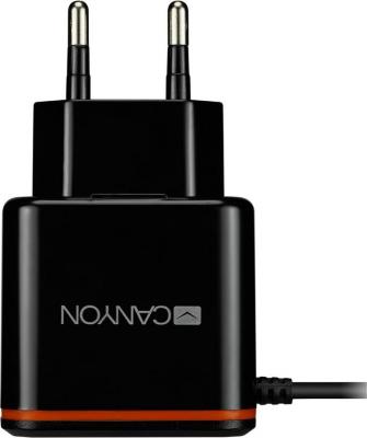 CANYON H-042 Universal 1xUSB AC charger (in wall) with over-voltage protection, plus Type C USB connector, Input 100V-240V, Output 5V-2.1A, with Smart IC, black (orange stripe)?, cable length 1m, 81*47.2*27mm, 0.059kg