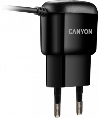 CANYON Wall charger with built-in 1m micro-USB cable, Input AC 100-240V(50/60Hz), Output 5.0V/1.0A, EU plug, 42*71*23mm, 0.037g, Black