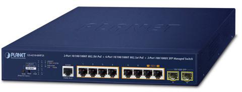 PLANET GS-4210-8HP2S IPv6/IPv4,2-Port 10/100/1000T 802.3bt 95W PoE + 6-Port 10/100/1000T 802.3at PoE + 2-Port 100/1000X SFP Managed Switch(240W PoE Budget, 250m Extend mode, supports ERPS Ring, CloudViewer app, MQTT and cybersecurity features, supports configurable fanless mode )