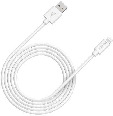 CANYON MFI C48 Lightning USB Cable for Apple , round, PVC, 2M, OD:4.0mm, Power+signal wire: 21AWG*2C+28AWG*2C,  Data transfer speed:26MB/s, White.  With shield , with CANYON logo and CANYON package.  Certification: ROHS, MFI.