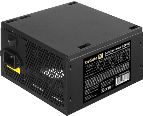 Блок питания 400W ExeGate 400PPE (ATX, APFC, PC, КПД 80% (80 PLUS), 12cm fan, 24pin, 4pin, PCIe, 5xSATA, 3xIDE, FDD, black, кабель 220V в комплекте)
