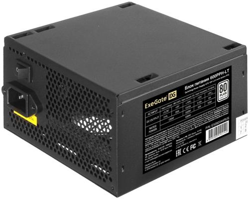Блок питания 600W ExeGate 80 PLUS® 600PPH-LT-S (ATX, APFC, КПД 82% (80 PLUS)SC, 12cm fan, 24pin, (4+4)pin, PCIe, 5xSATA, 3xIDE, кабель 220V с защитой от выдергивания, black, RTL)
