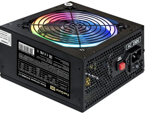 Блок питания 800W ExeGate EVO800-LT (ATX, APFC, PC, 12cm RGB fan, 24pin, (4+4)pin, PCI-E, 5xSATA, 3xIDE, FDD, black, кабель 220V в комплекте)