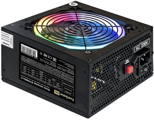 Блок питания 800W ExeGate EVO800-LT (ATX, APFC, SC, 12cm RGB fan, 24pin, (4+4)pin, PCI-E, 5xSATA, 3xIDE, FDD, black, кабель 220V с защитой от выдергивания)