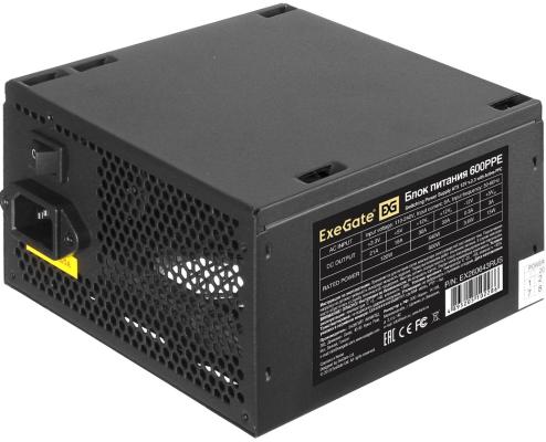 Блок питания 600W ExeGate 600PPE (ATX, APFC, PC, КПД 80% (80 PLUS), 12cm fan, 24pin, (4+4)pin, PCIe, 5xSATA, 3xIDE, FDD, black, кабель 220V в комплекте)