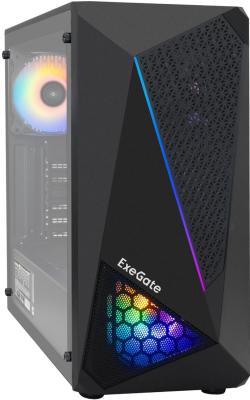 Корпус Miditower ExeGate EVO-8225-NPX600 (ATX, БП 600NPX с вент. 12см, 2*USB+1*USB3.0, черный, 2 вент. с RGB подсветкой и полоса на передней панели, боковая панель - закаленное стекло)