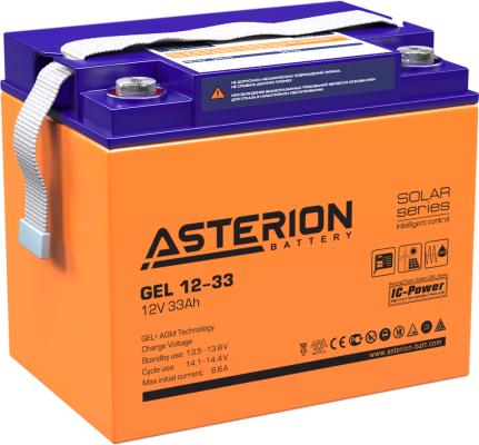 Аккумуляторная батарея Asterion GEL 12-33 NDC 12В/33Ач клемма Болт М6 (195х132х168мм(168мм) 10,6кг Срок сл.12лет