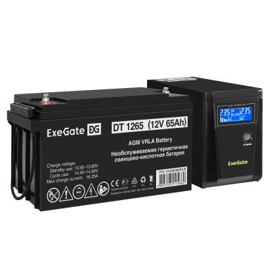 Комплект ИБП EX295986RUS + батарея 65Aч EX282980RUS 1шт (инвертор, синус, для котла) ExeGate SineTower SZ-600.LCD.AVR.1SH <600VA/360W, чистый синусоида, LCD дисплей, AVR, 1*Schuko, линейно-интерактивный, Black> + батарея ExeGate DT 1265 (12В, 65Ач) 1шт