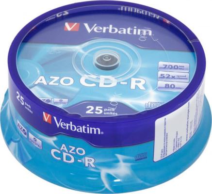 Диски CD-R 80min 700Mb Verbatim  52x  25 шт  Cake Box  Crystal AZO  <43352>